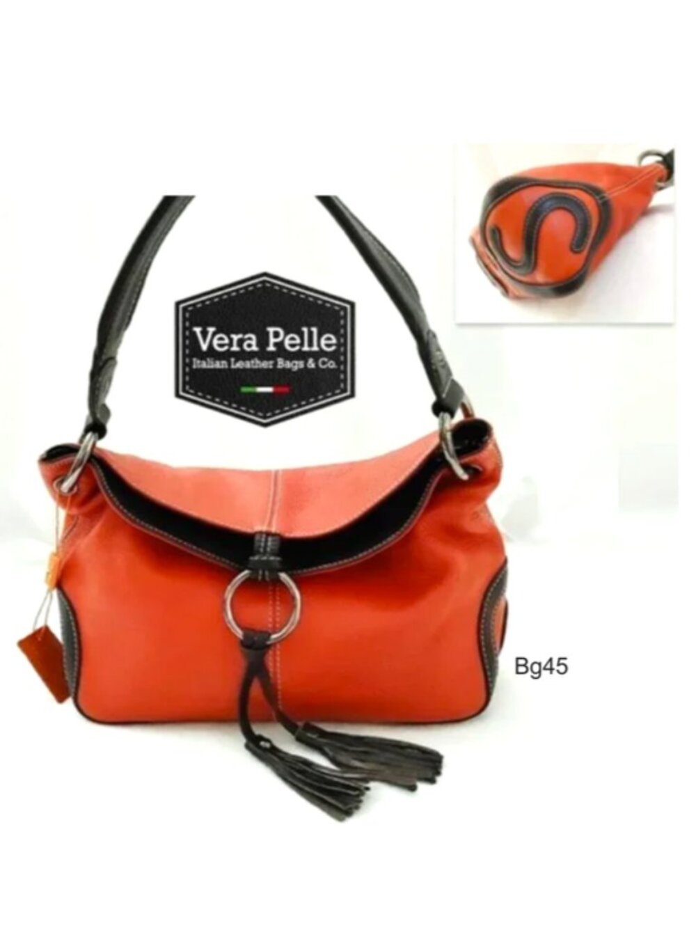 VERA PELLE Orange Leather Shoulder Satchel Bag Brown Trim Flaps w/ Tassels Zips